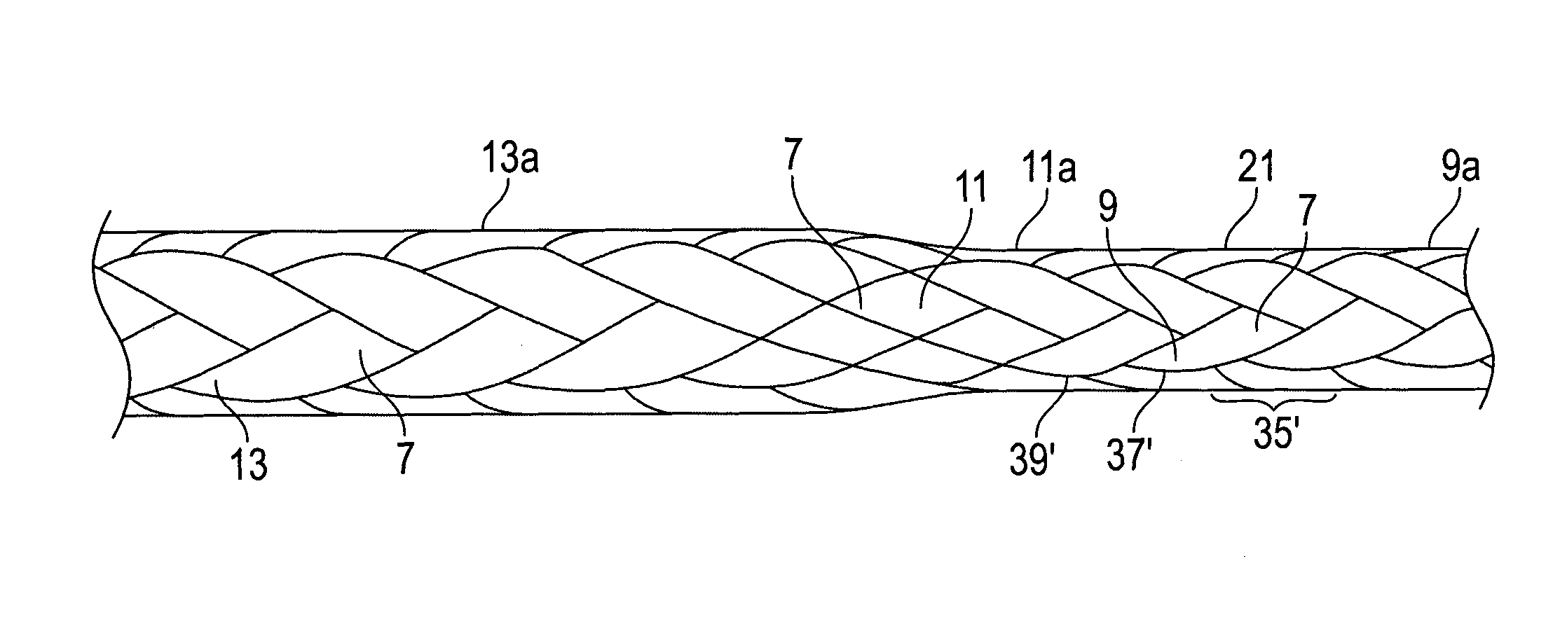 Braided rope, suitable to be used as a towing warp, comprising changing properties in the length direction thereof