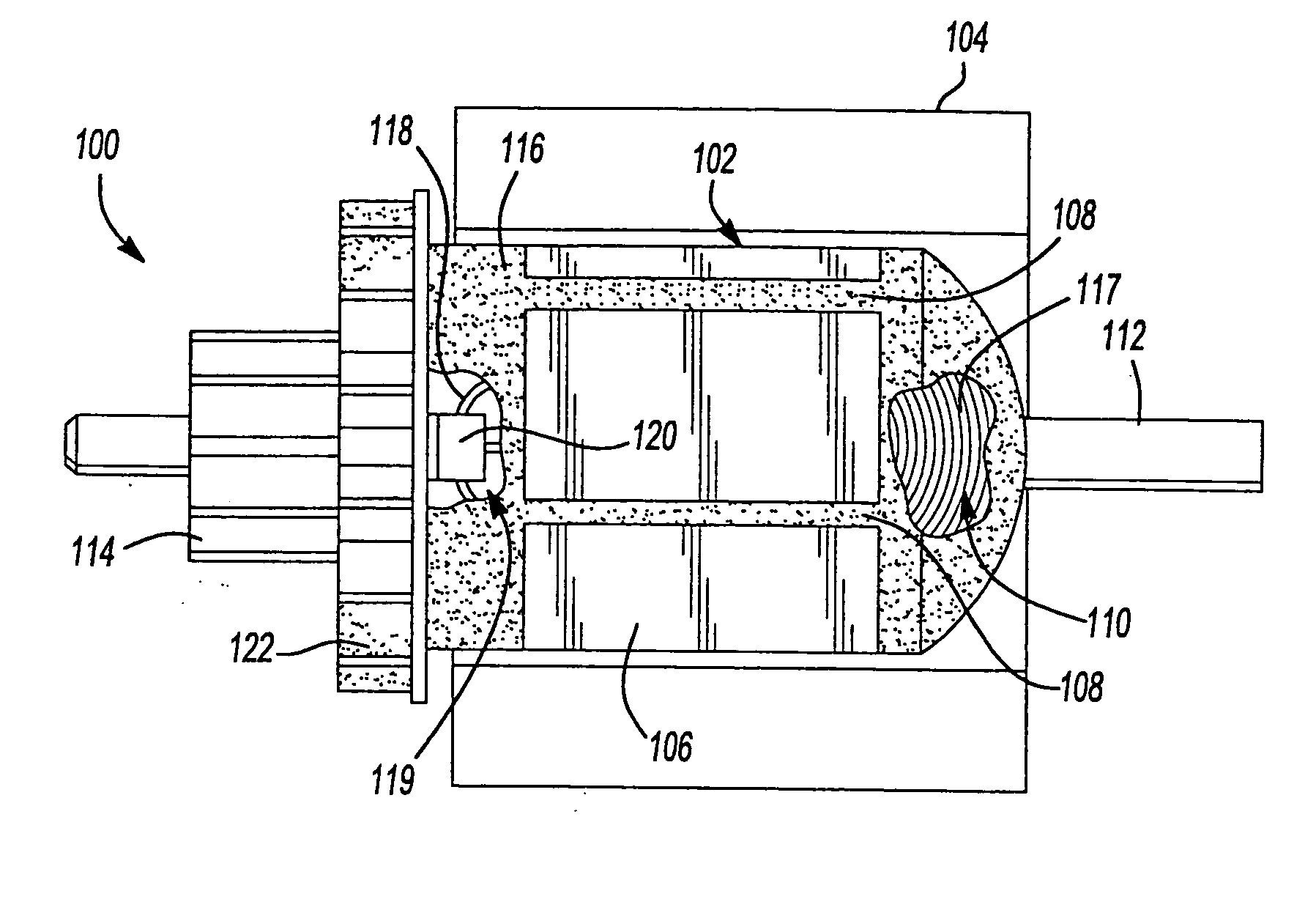Dynamoelectric machine having encapsulated coil structure with one or more of phase change additives, insert molded features and insulated pinion