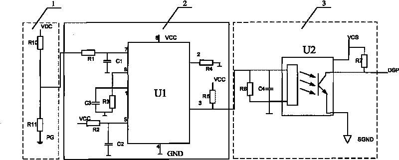 Direct current (DC) bus voltage-sampling circuit of servo system converting voltage into frequency