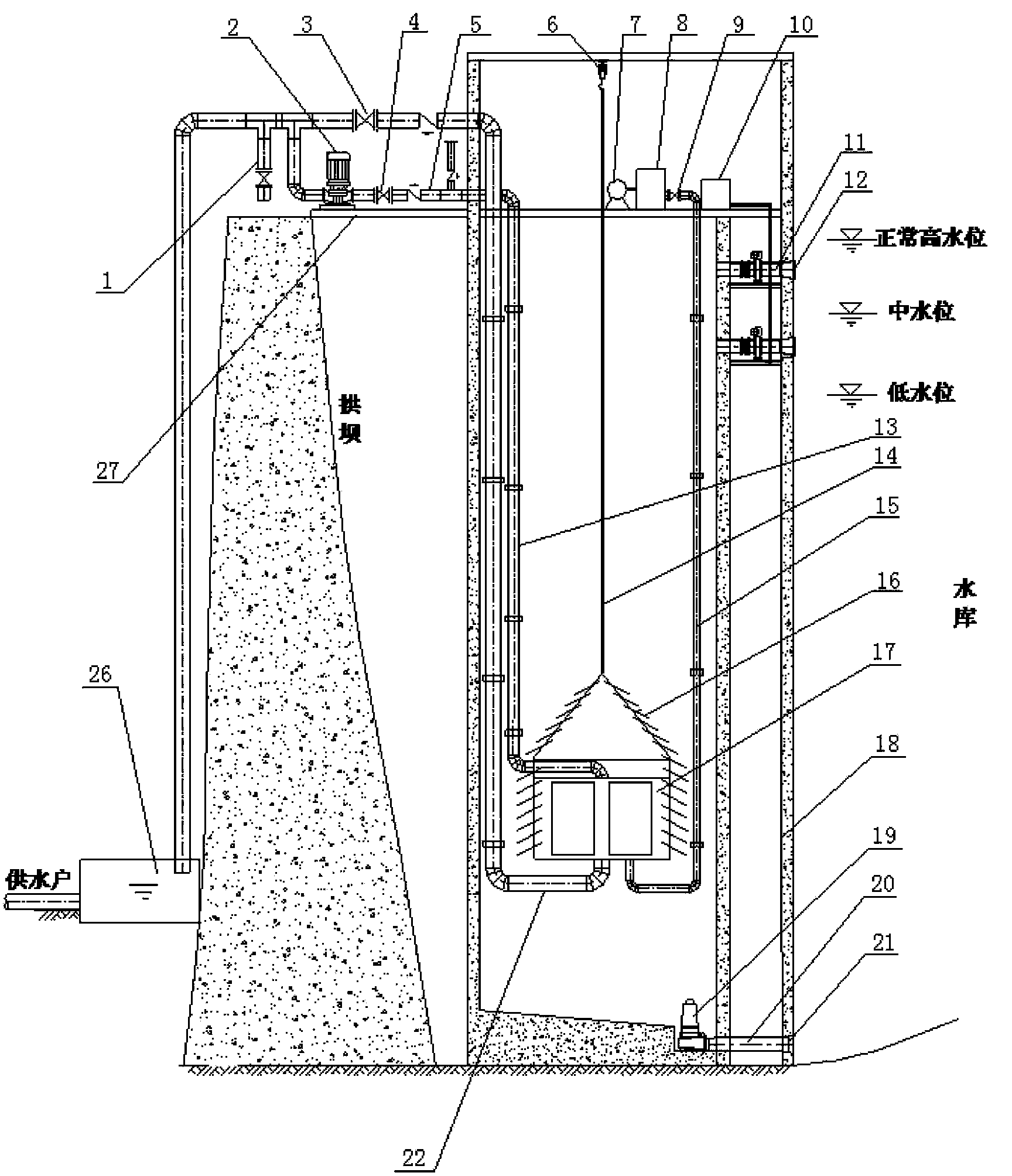 Integrated coagulation/immersed membrane filtering water quality purifying intake tower