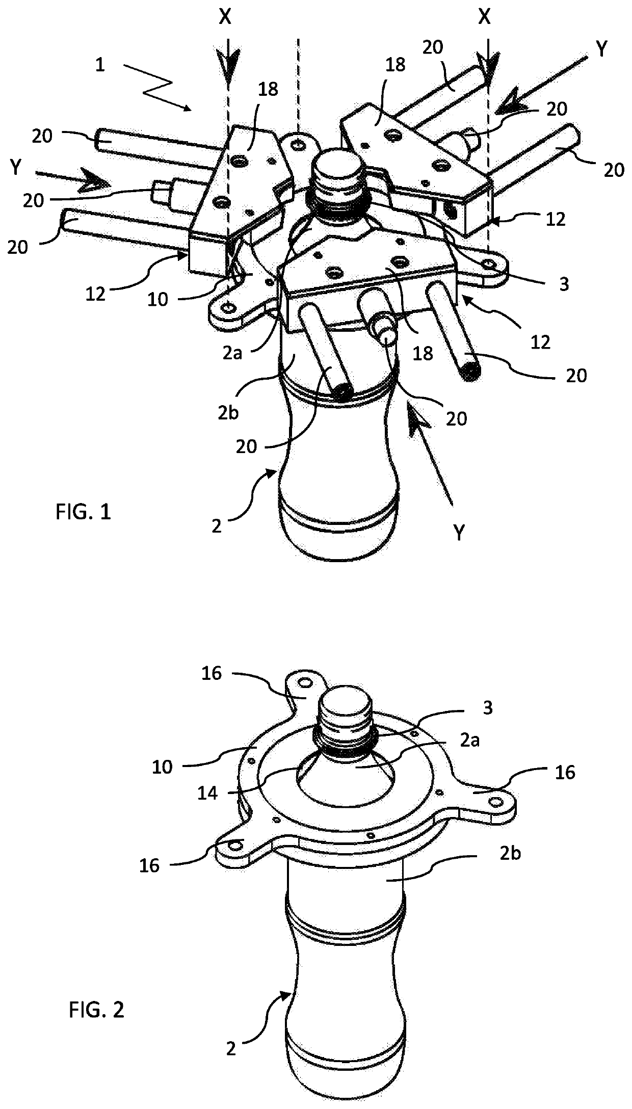 Device for gripping and centring bottles for capping installations