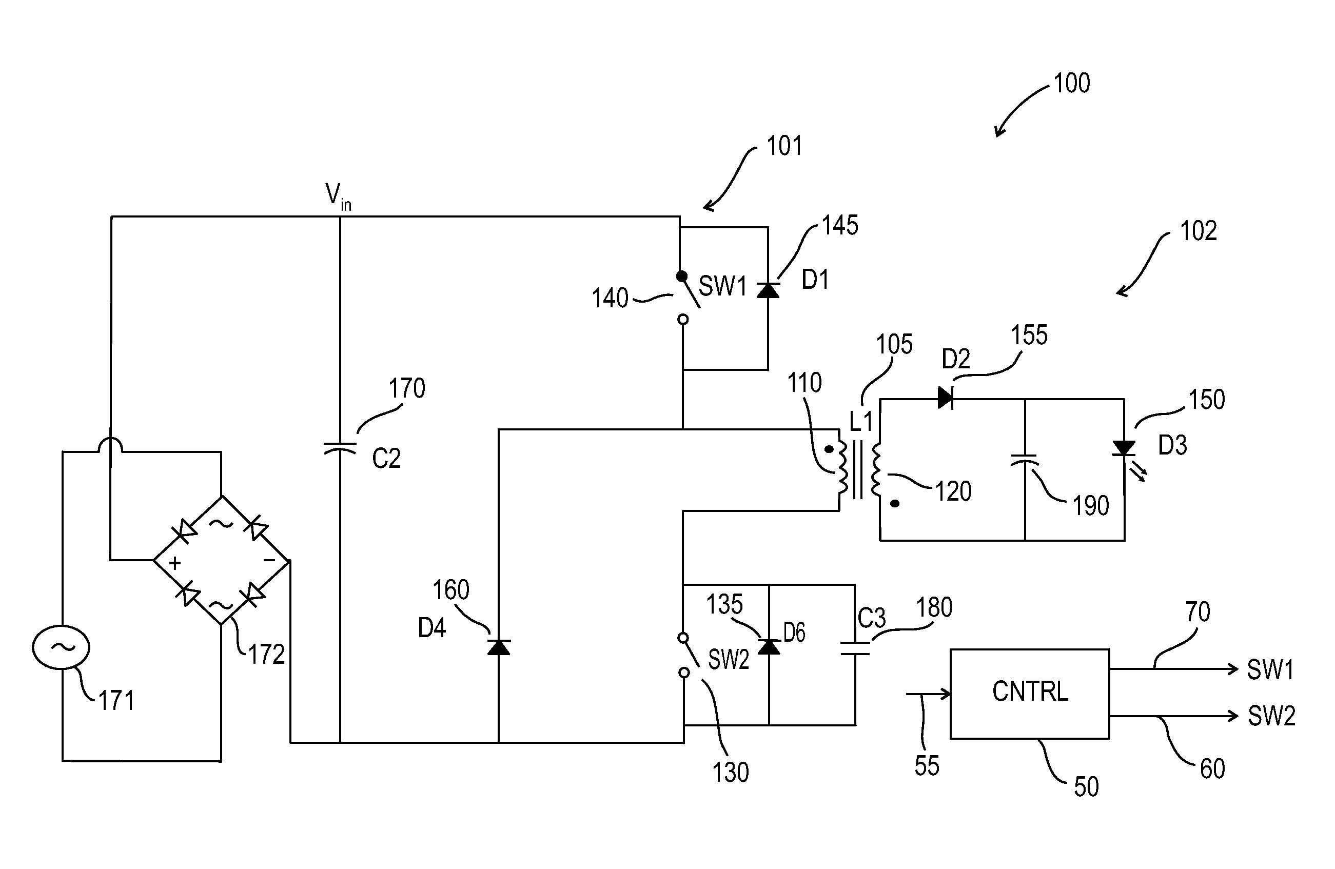 Resonant fly-back power converter and LED lighting unit powered therefrom