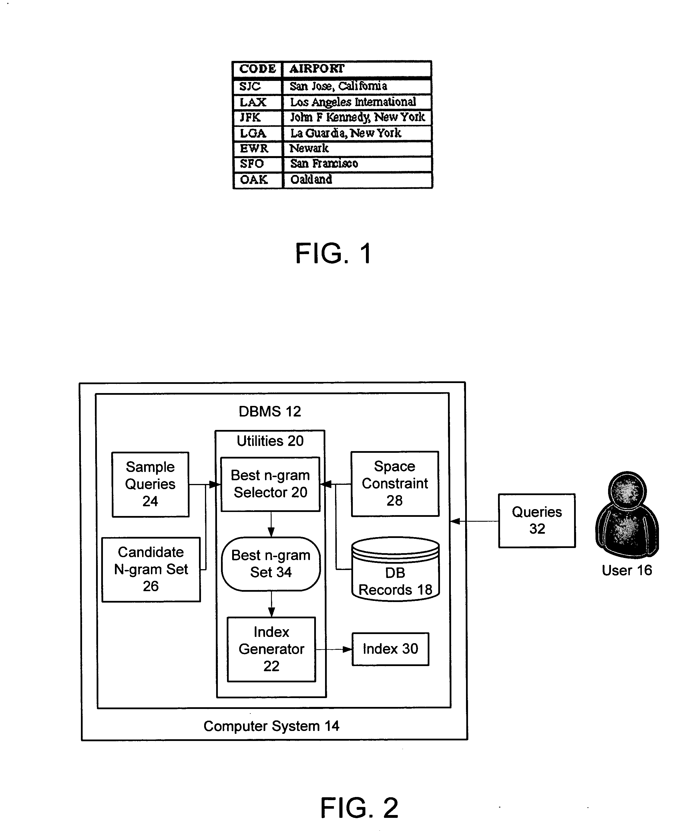 Selection of a set of optimal n-grams for indexing string data in a DBMS system under space constraints introduced by the system