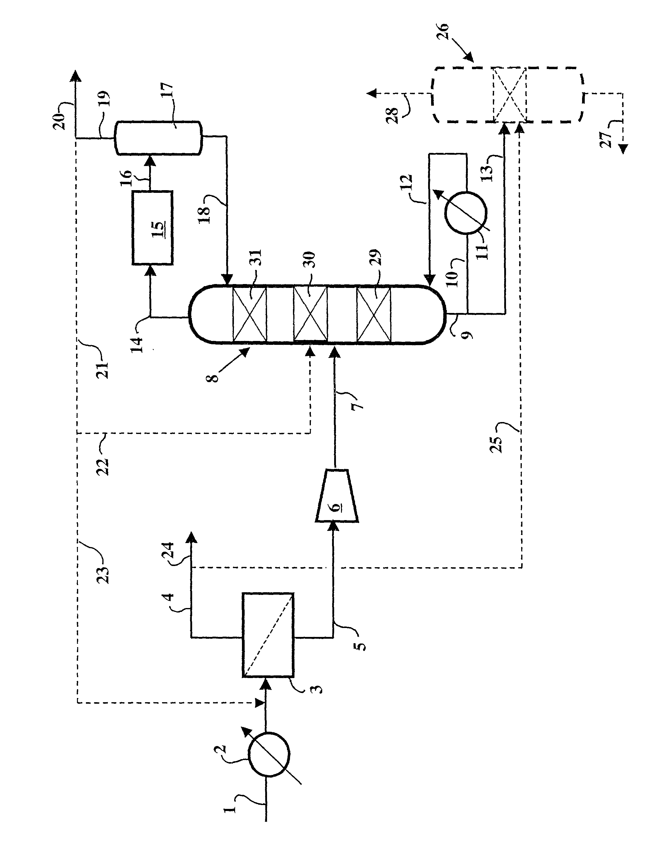 Selective hydrogenation process comprising partial separation of hydrogen by a membrane upstream of a reactive column