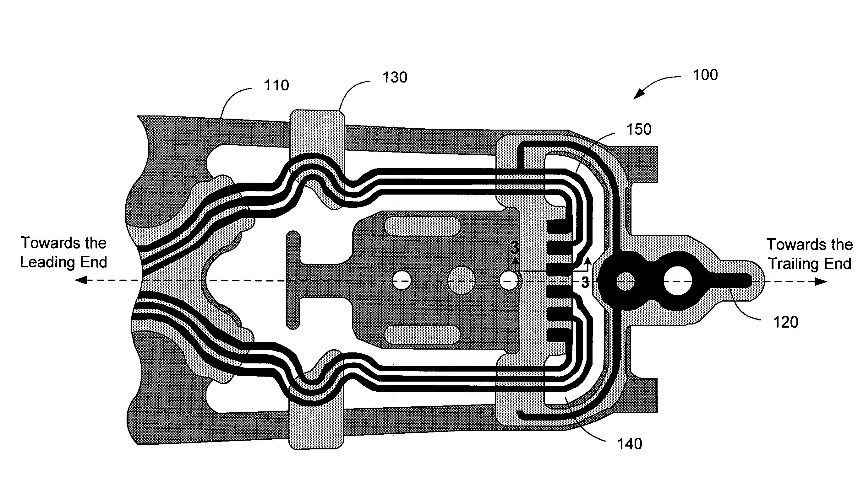 Flexure including a heat sink and a dielectric layer under trace termination pads