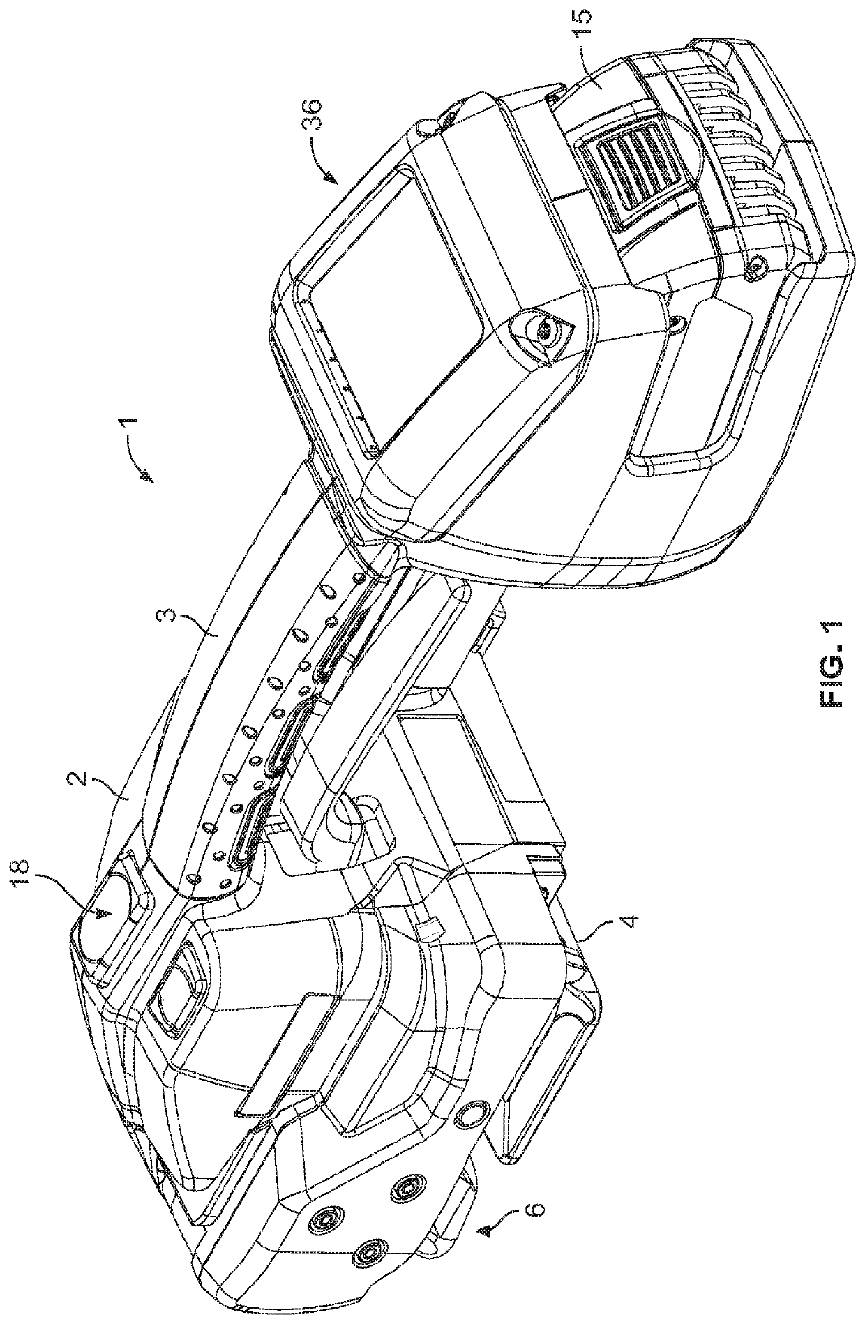 Strapping apparatus having an actuating element for the tensioning device