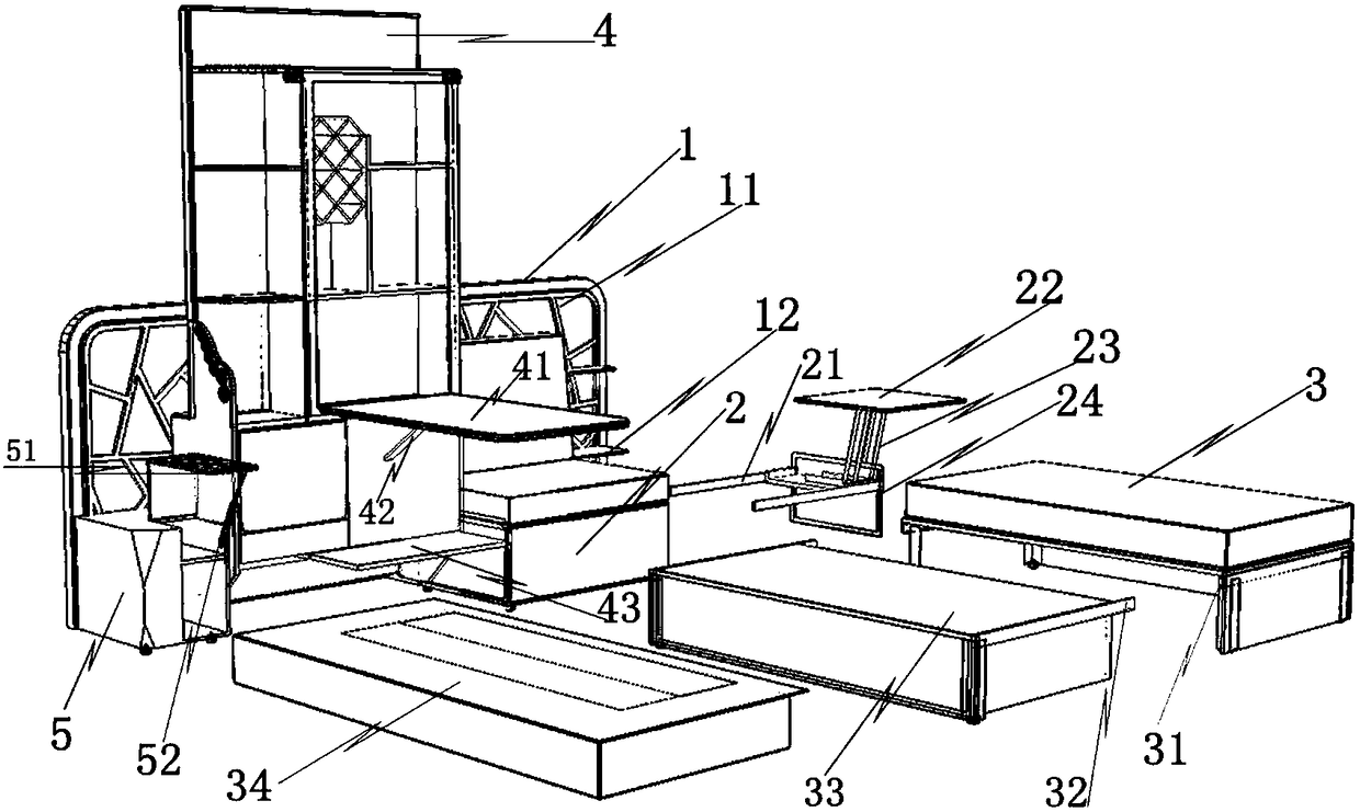 Deformable furniture with cabinet in bed