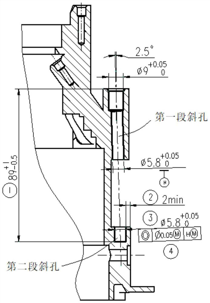 Machining method for deep inclined two-section hole in engine case