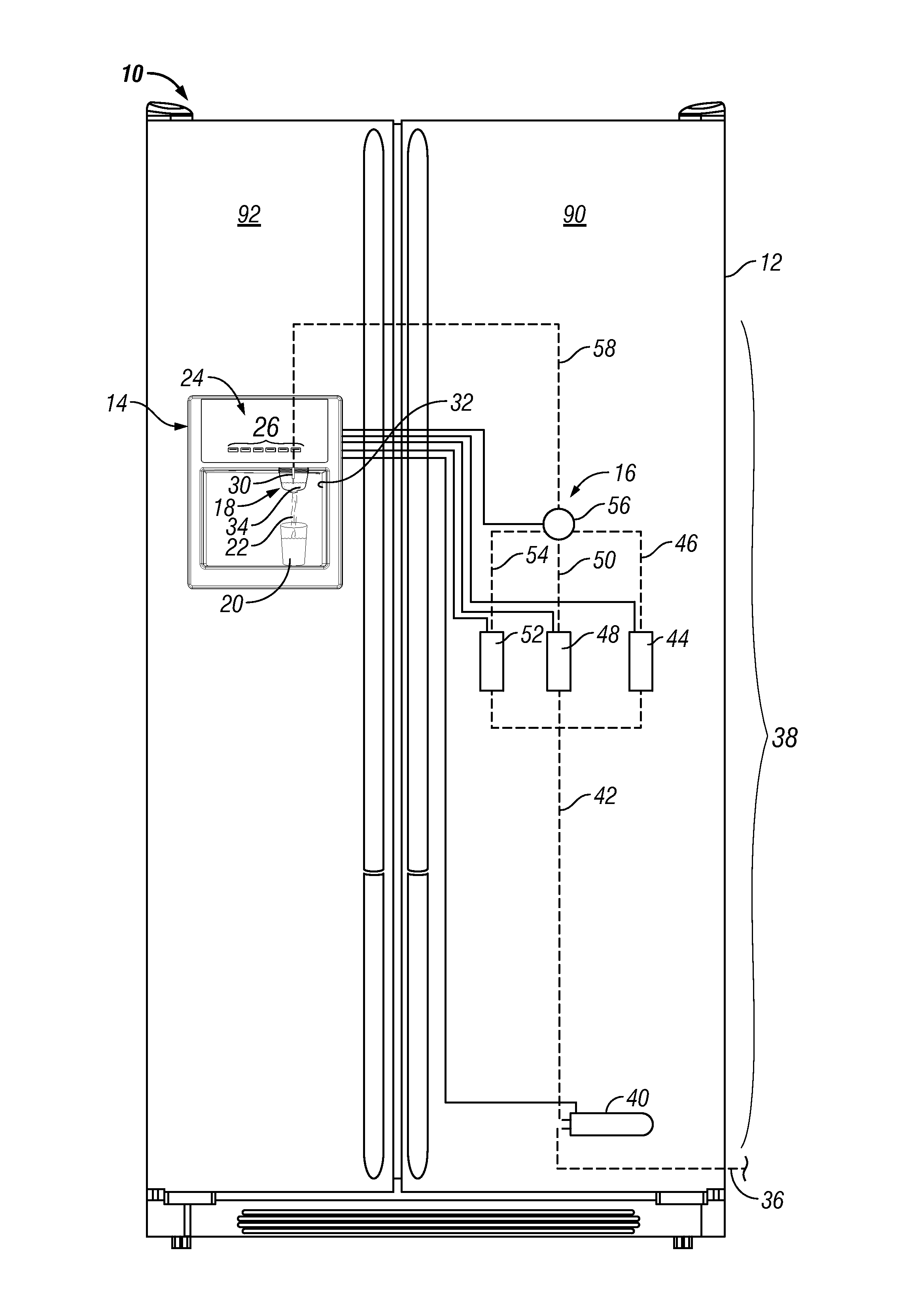 Apparatuses and methods for a refrigerator having liquid conditioning and enhancement components for enhanced beverage dispensing
