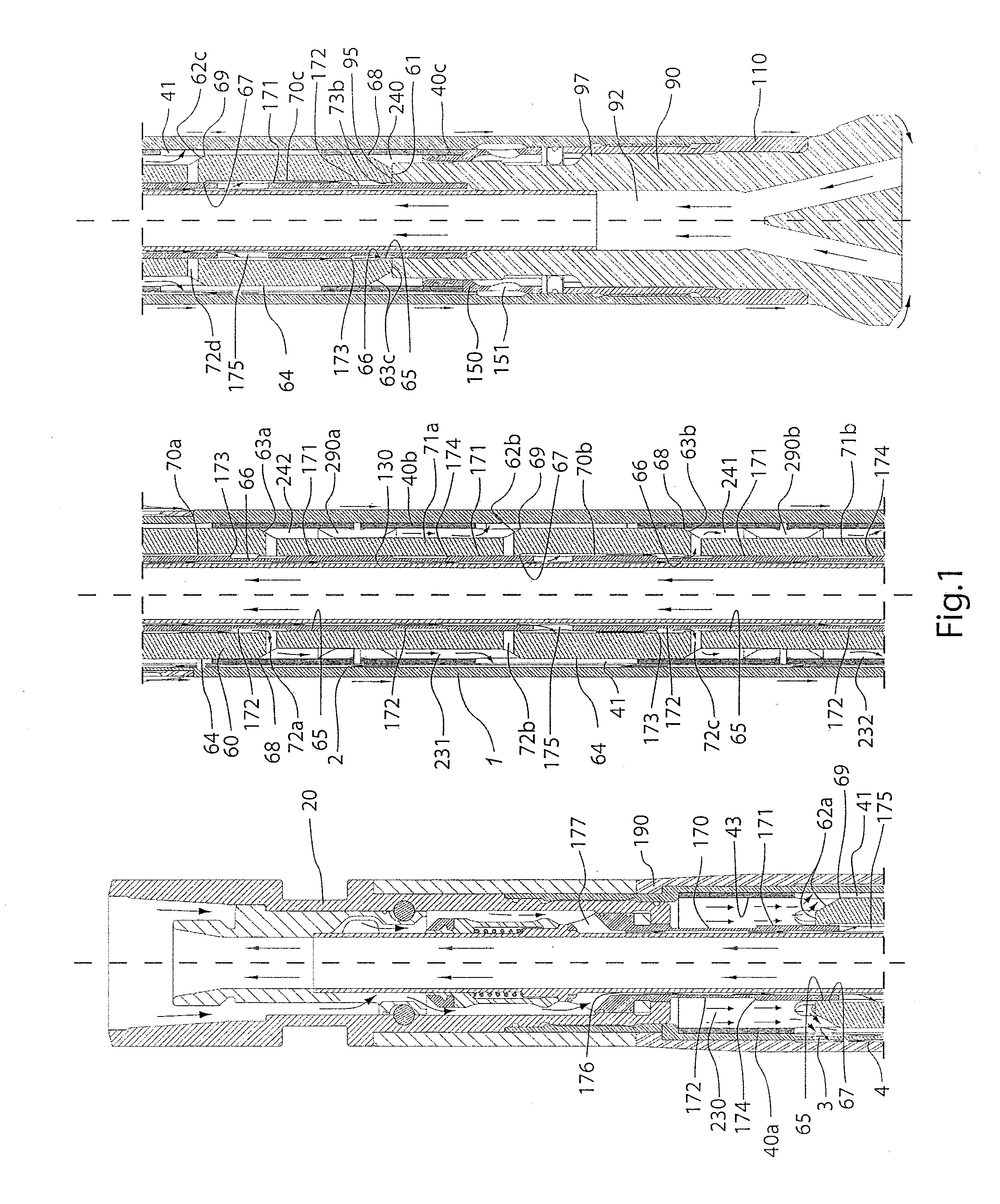 Pressurized fluid flow system having multiple work chambers for a down-the-hole drill hammer and normal and reverse circulation hammers thereof