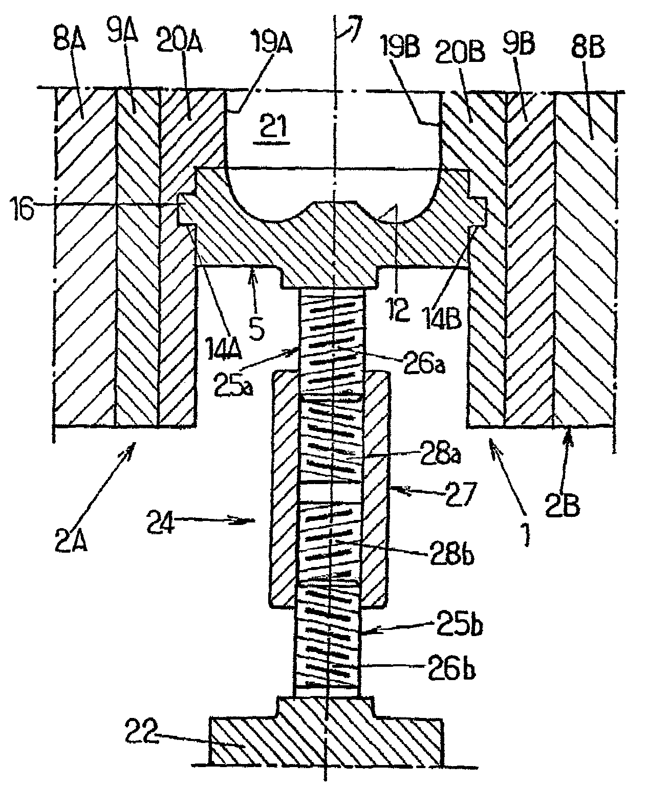 Molding device with height-adjustable base for molding thermoplastic containers of various heights