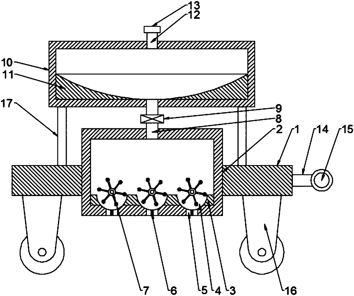 Soil pollution repairing material spreading device based on multi-layer spreading technology