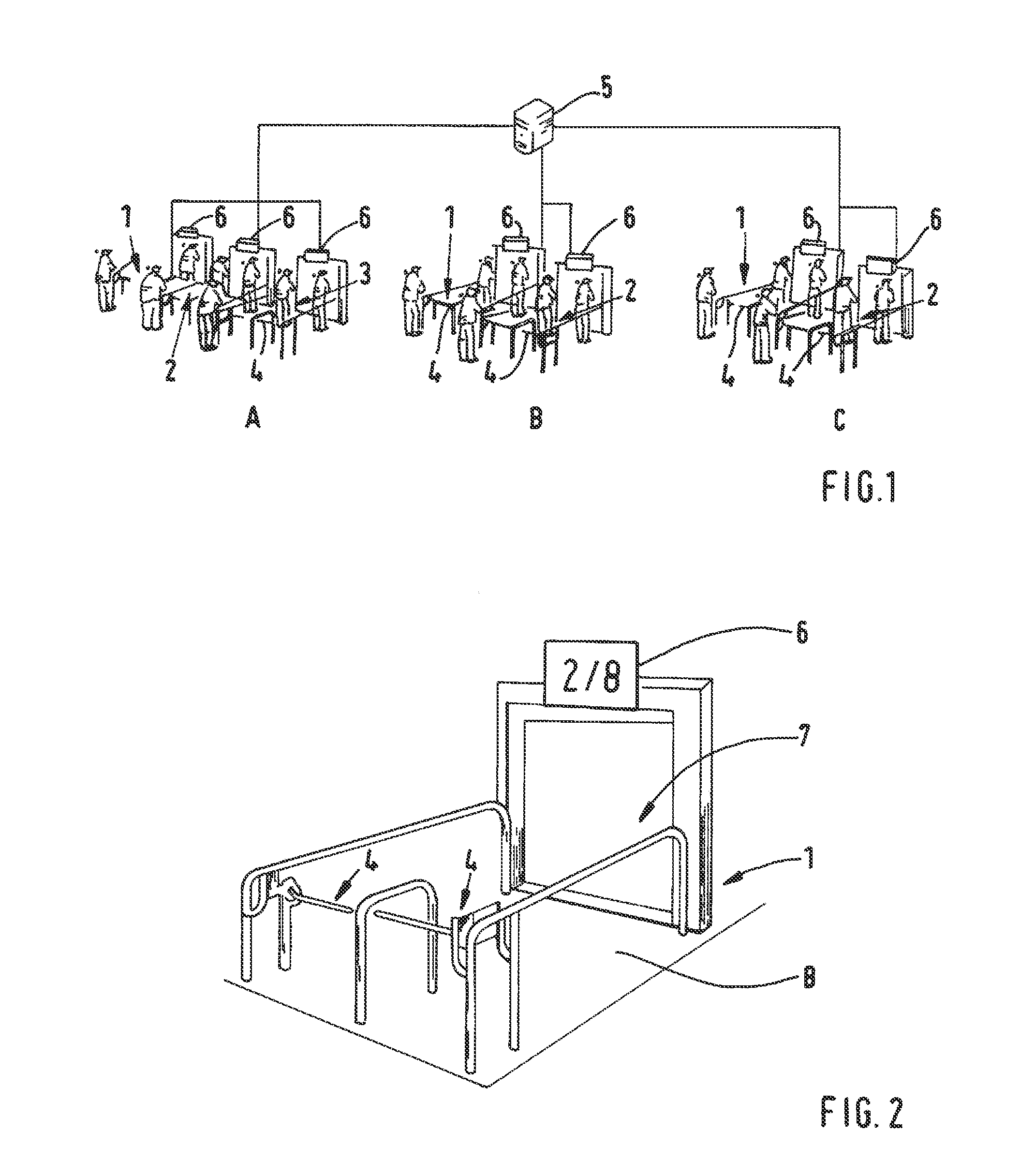Method and system for increasing the safety in the boarding area and for optimizing usage of the capacity in transport means which comprise at least one locally fixed boarding area