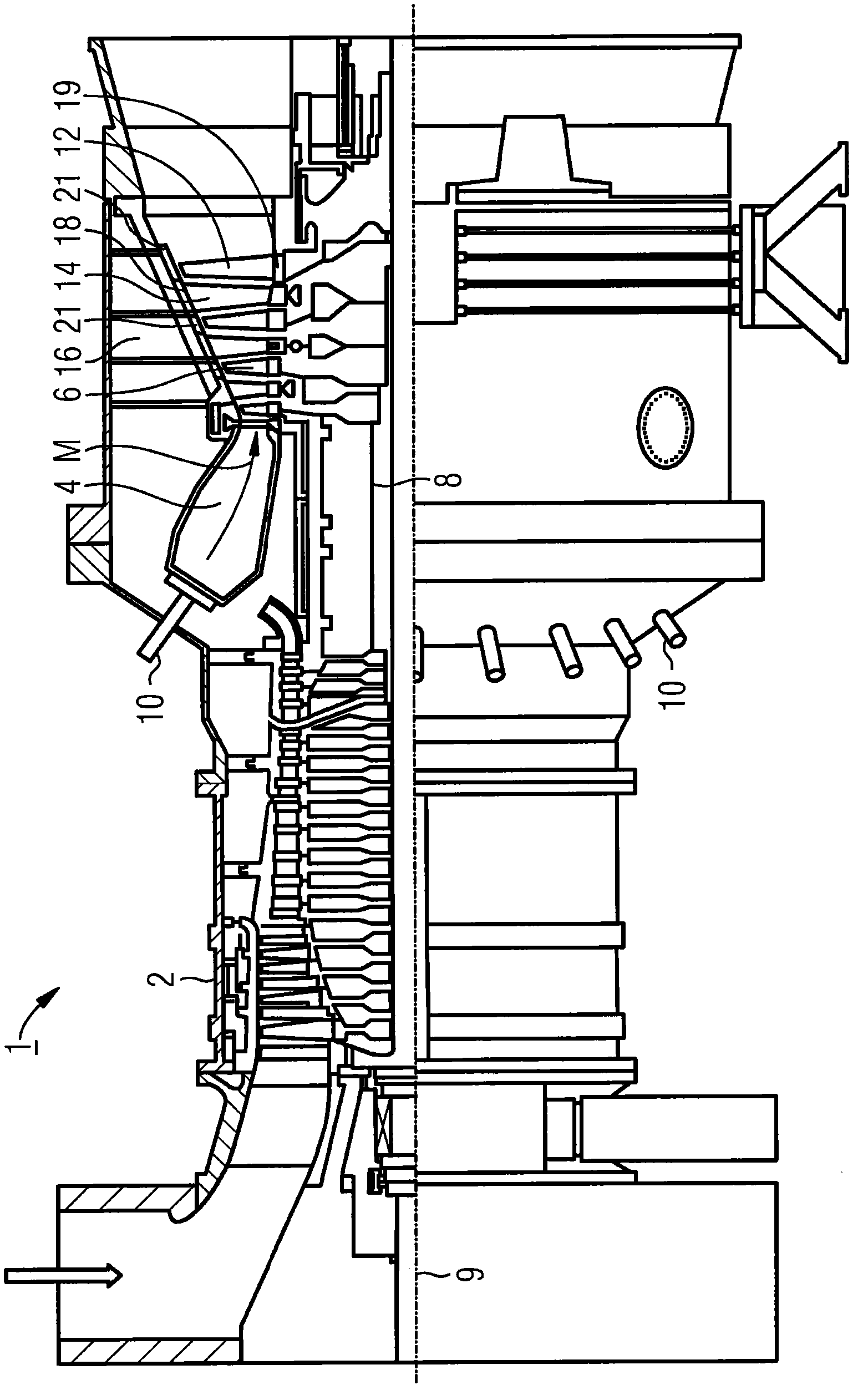 Gas turbine with securing plate between blade base and disk