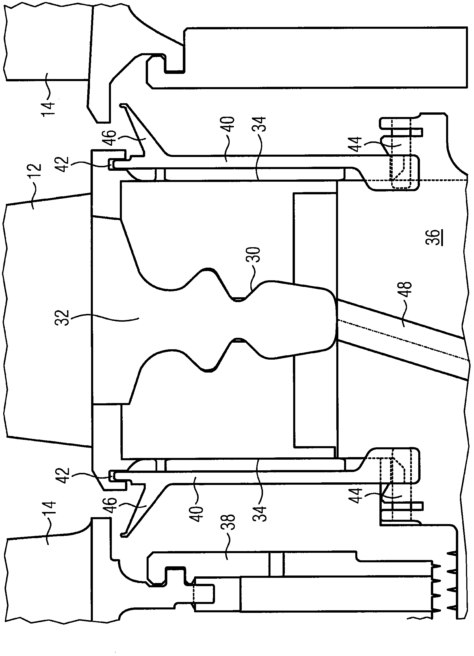 Gas turbine with securing plate between blade base and disk