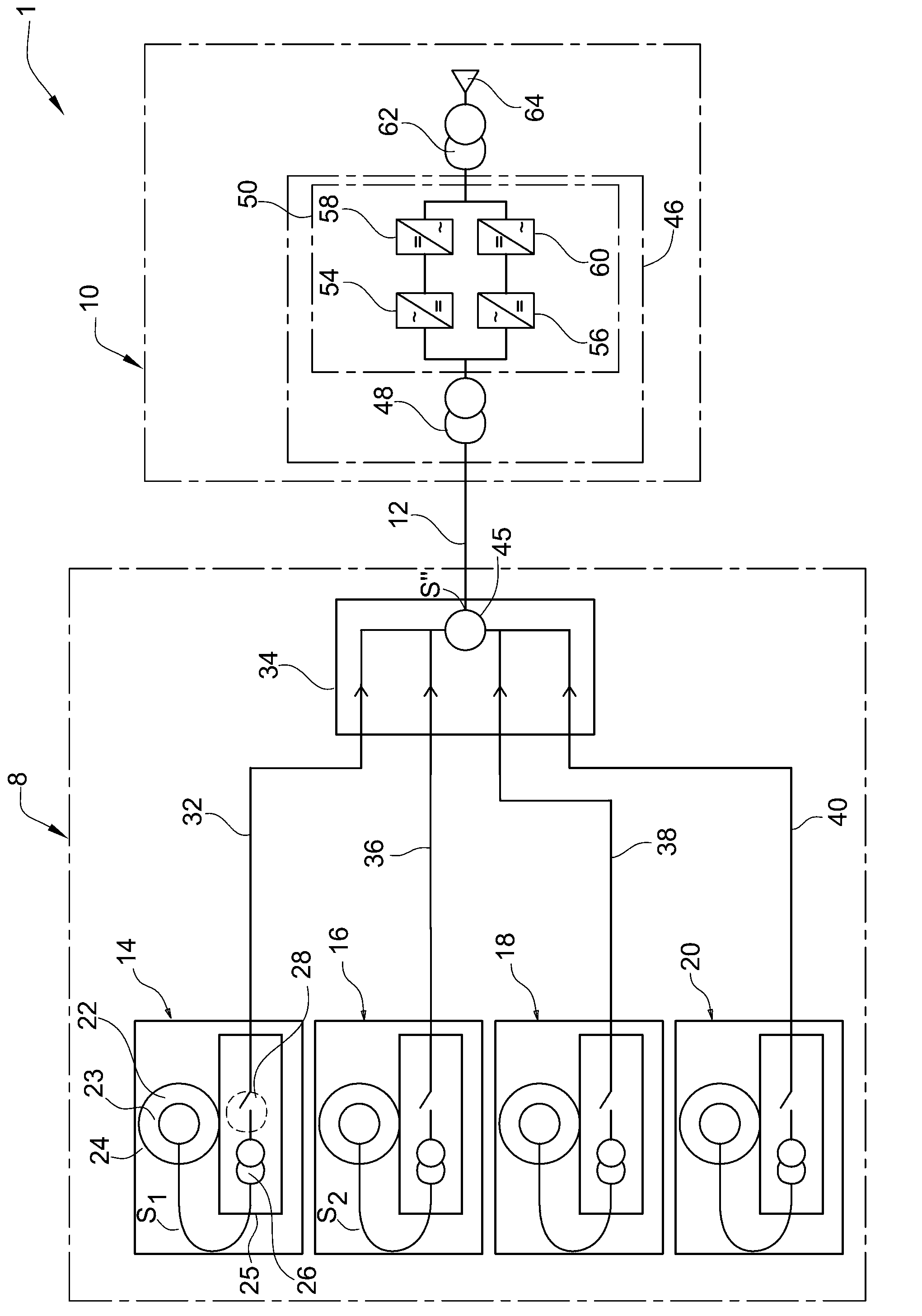 Facility for producing electricity comprising a plurality of electrical production devices capable of transforming mechanical energy into electrical energy