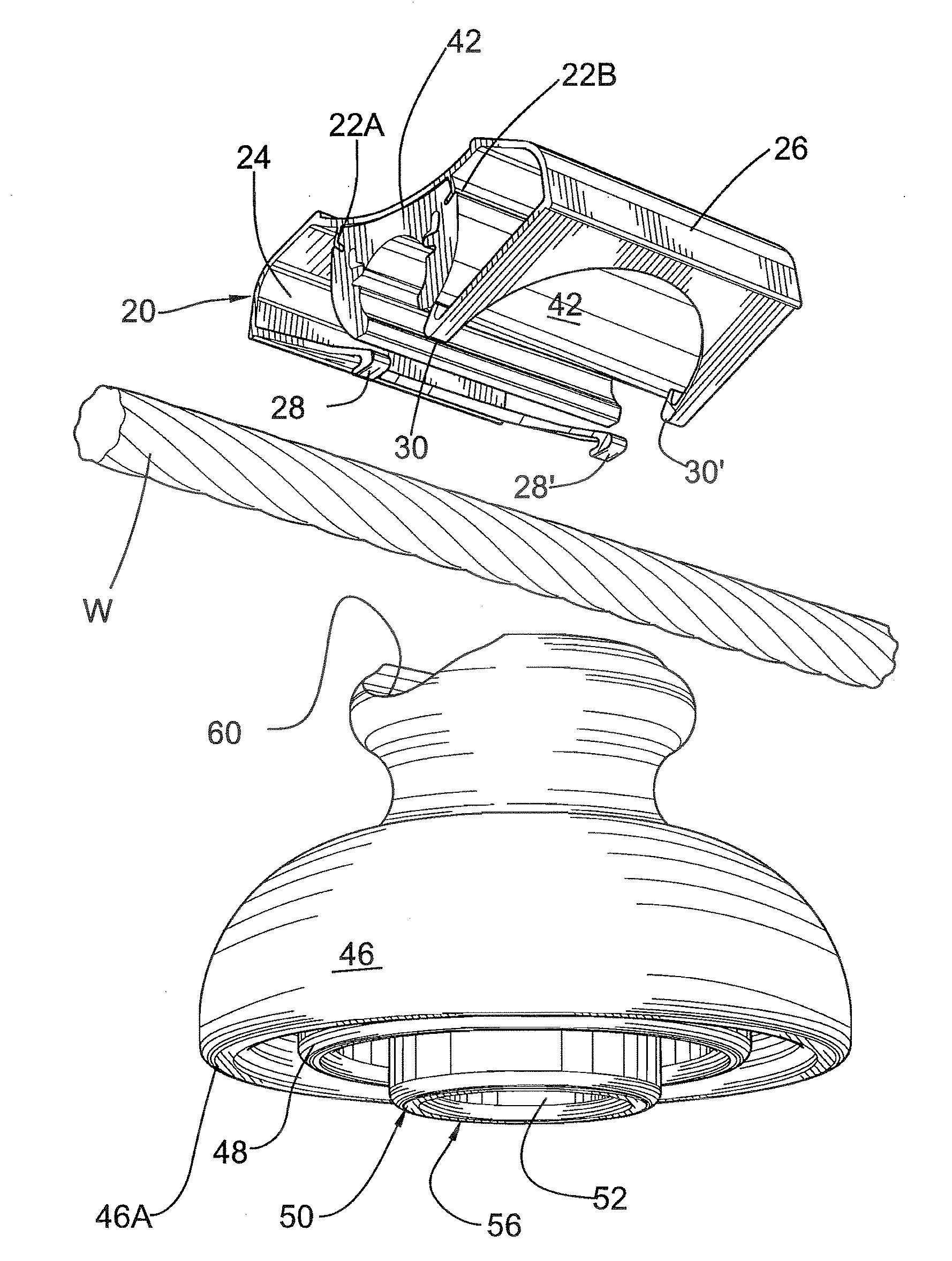 Electric cable and insulator self-locking system, and method of installation thereof
