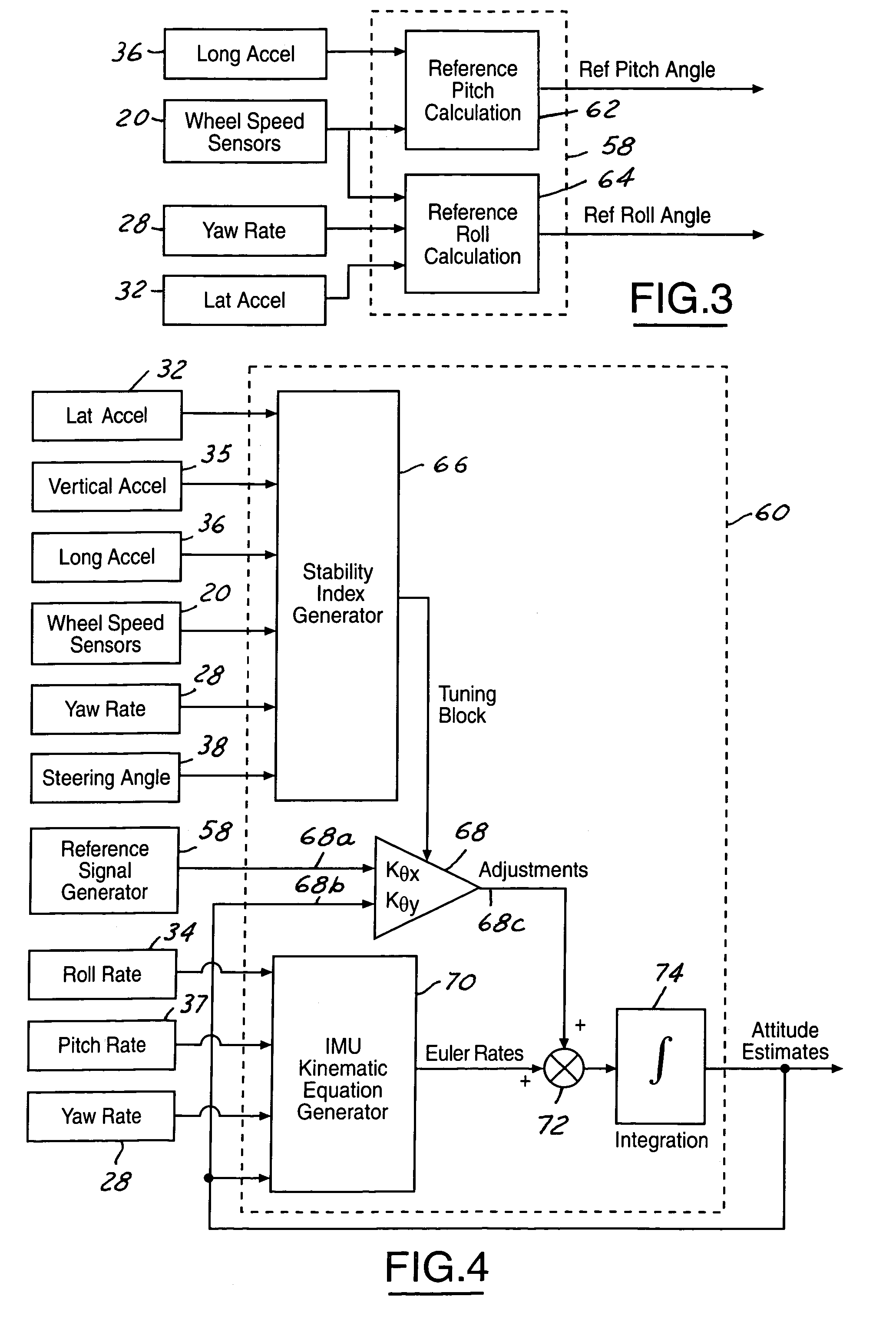 Attitude sensing system for an automotive vehicle relative to the road