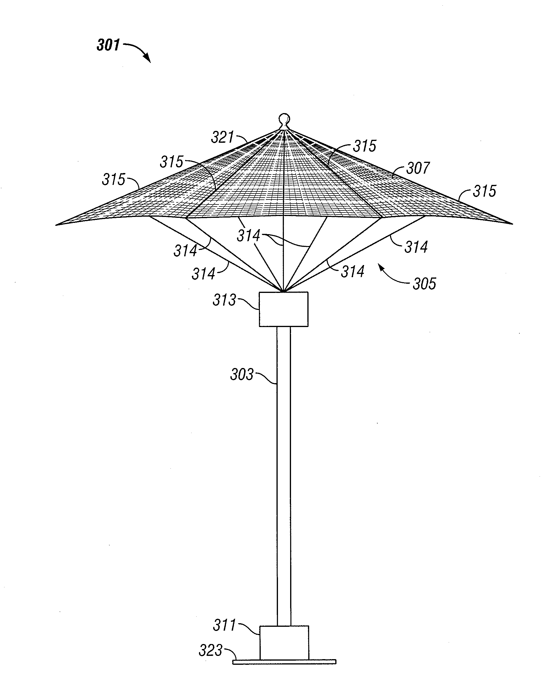 Outdoor umbrella system with integrated solar power supply