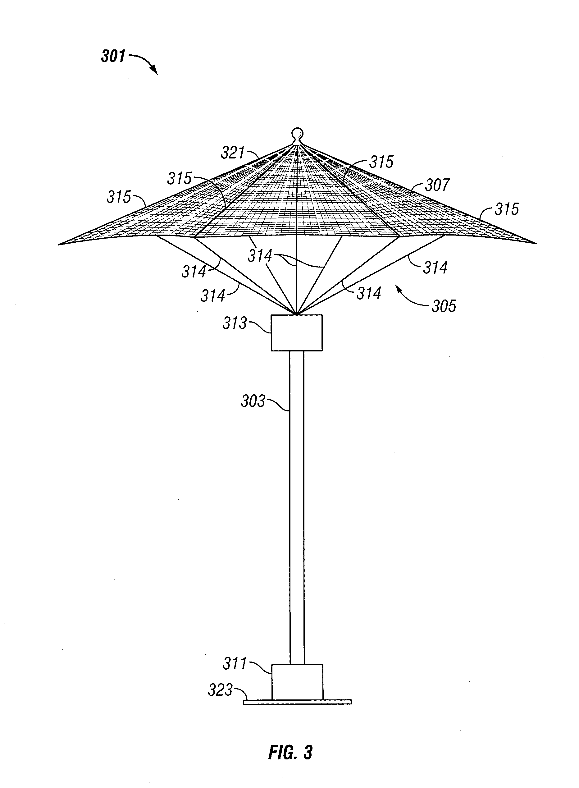Outdoor umbrella system with integrated solar power supply