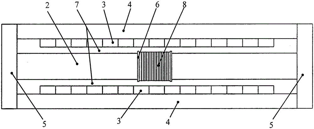 Magnetic circuit structure of double-row permanent magnet centripetal excitation rectangular open magnetic field type electromagnetic vibrating table with eddy current compensation