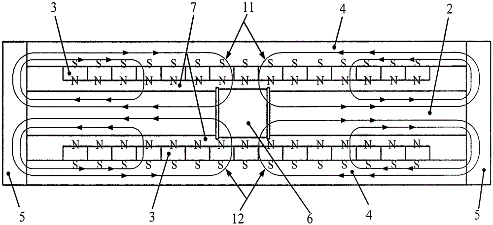 Magnetic circuit structure of double-row permanent magnet centripetal excitation rectangular open magnetic field type electromagnetic vibrating table with eddy current compensation