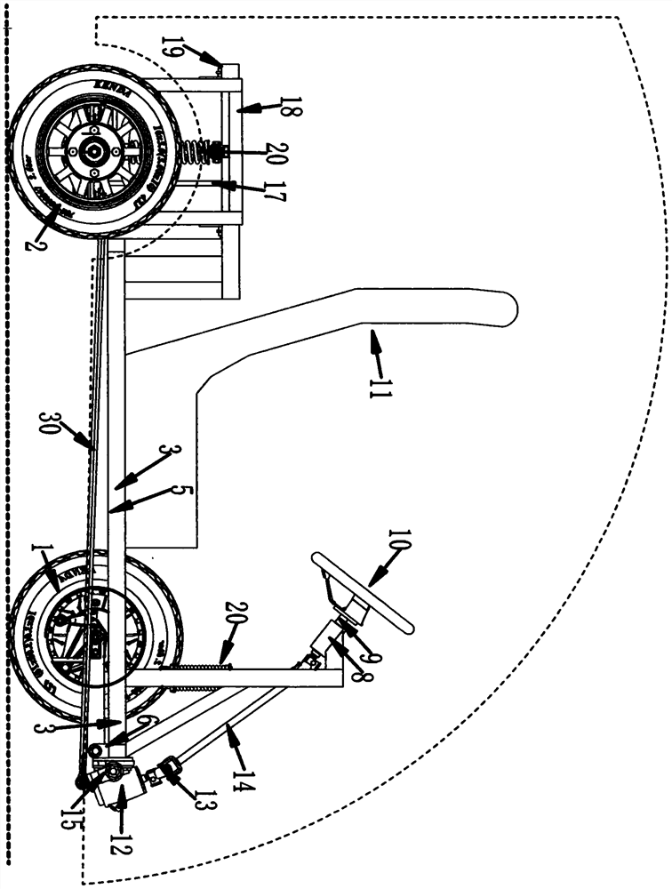 Positive tricycle with steering wheel controlling steering of rear wheels and synchronously control side-tipping of car body