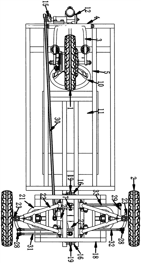 Positive tricycle with steering wheel controlling steering of rear wheels and synchronously control side-tipping of car body