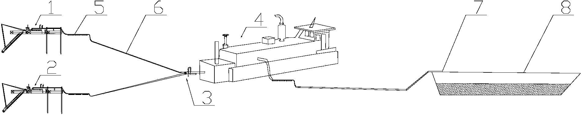 Small-size cutter-suction boat and pump boat two-parallel and one-series blow filing system and construction method of small-size cutter-suction boat and pump boat two-parallel and one-series blow filing system