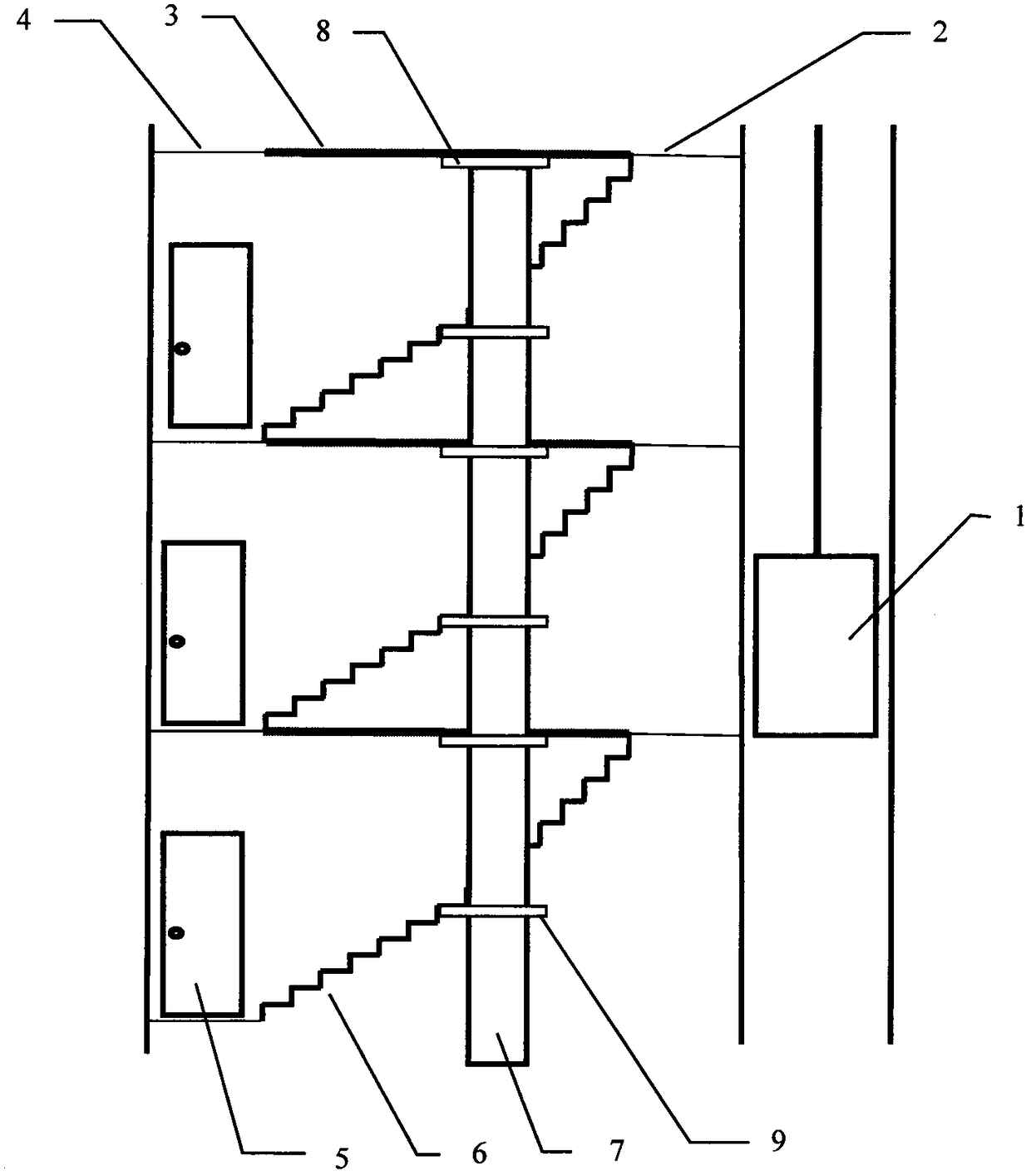 Novel middle-column-supported additionally-arranged elevator capable of directly reaching original gate of resident