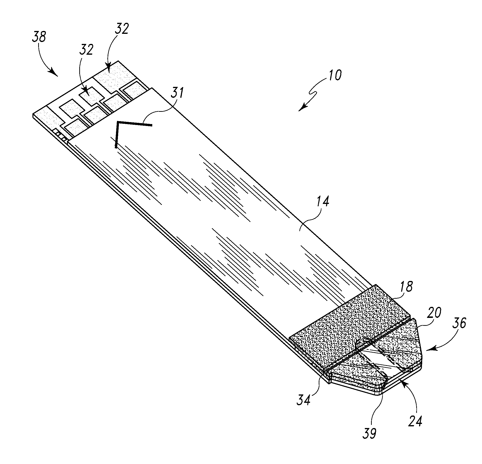 Test strip with flared sample receiving chamber