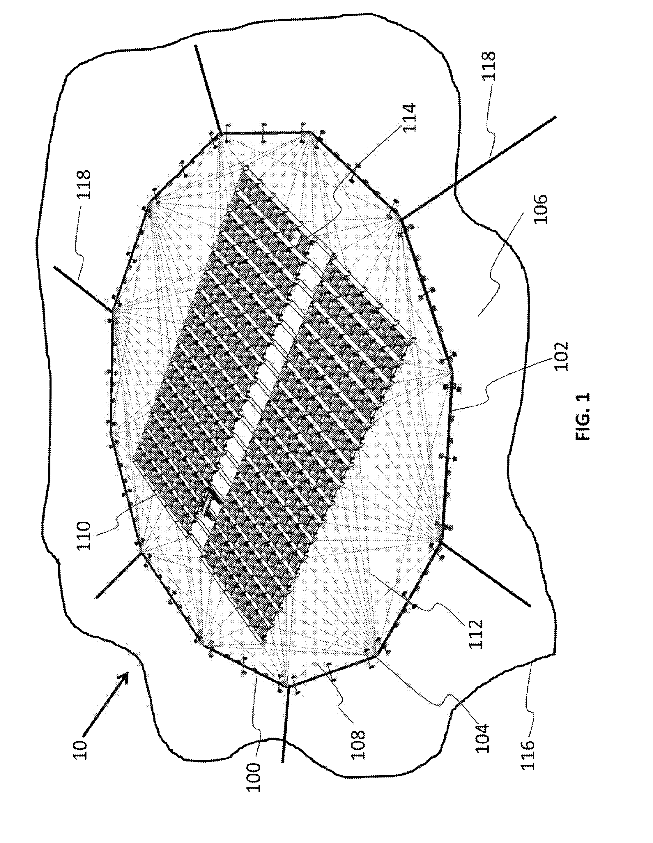 Corded lattice based floating photovoltaic solar field with independently floating solar modules
