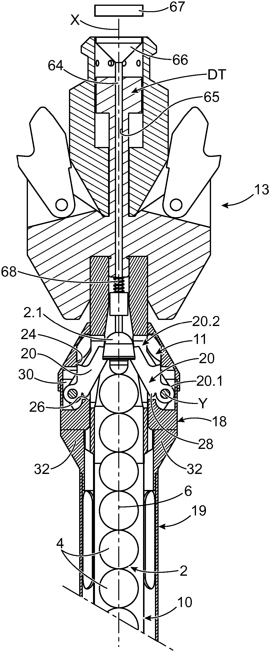 Device for triggering and inserting absorbing members and/or mitigators in fissile area of nuclear reactor and nuclear fuel assembly comprising the device