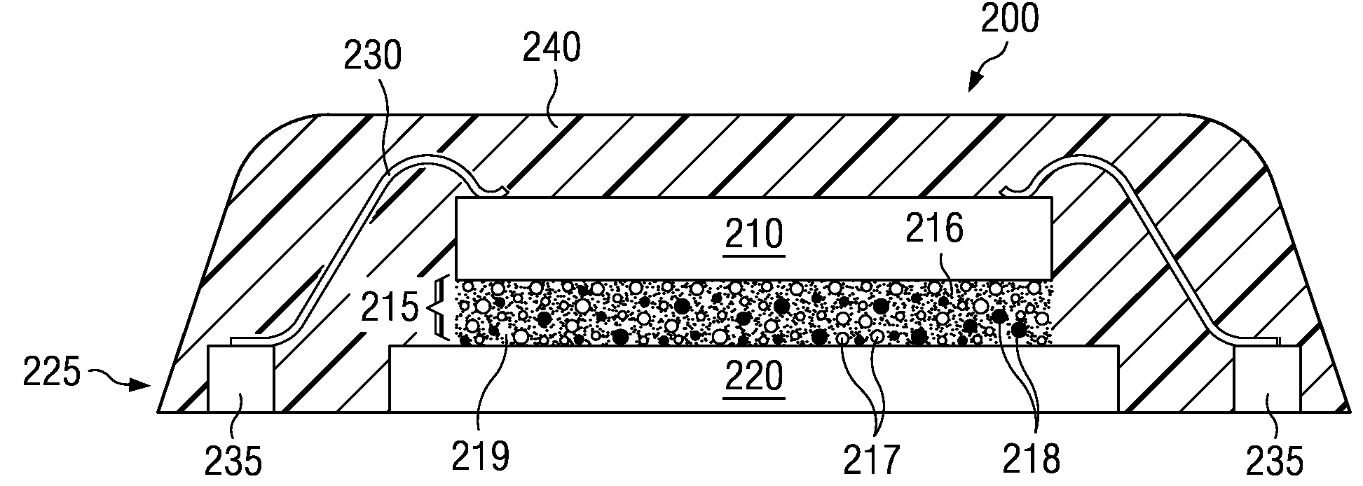 Packaged electronic device having metal comprising self-healing        die attach material