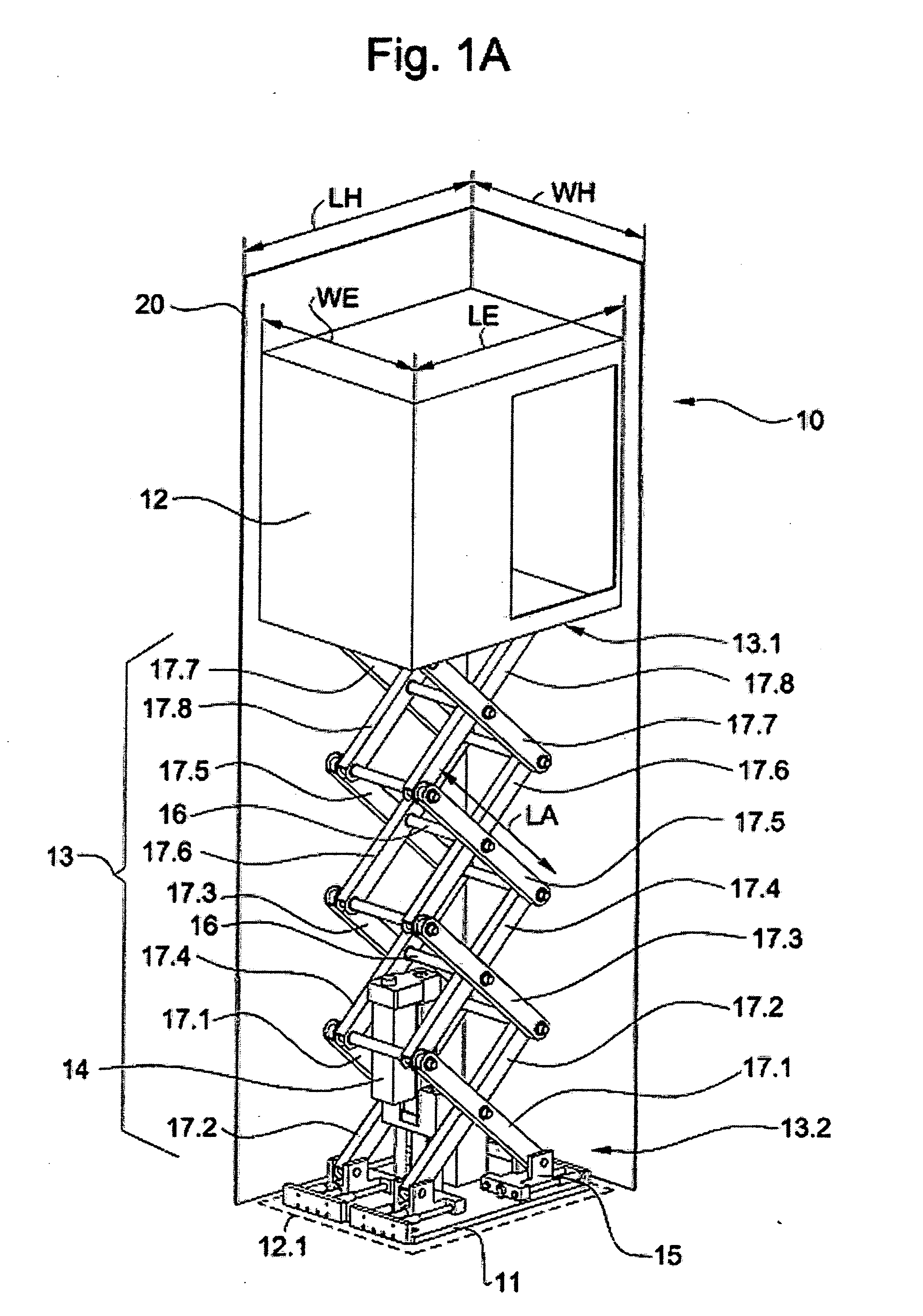 Elevator with a scissor lift mechanism and a spring member serving as virtual counter weight