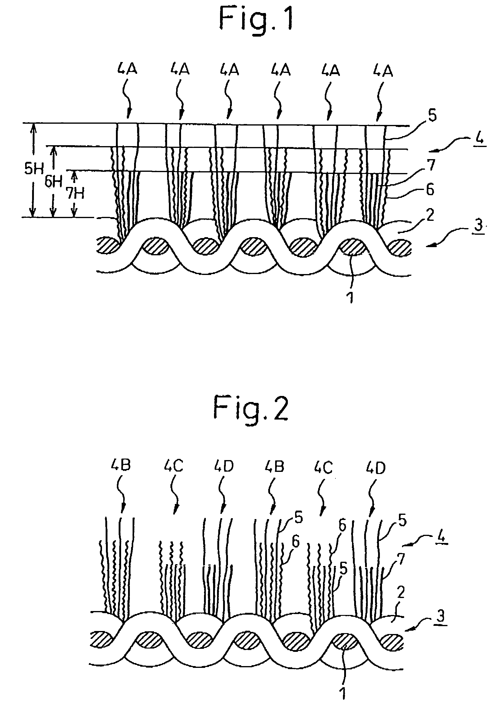 Concave and convex-patterned multi-colored fiber pile fabric