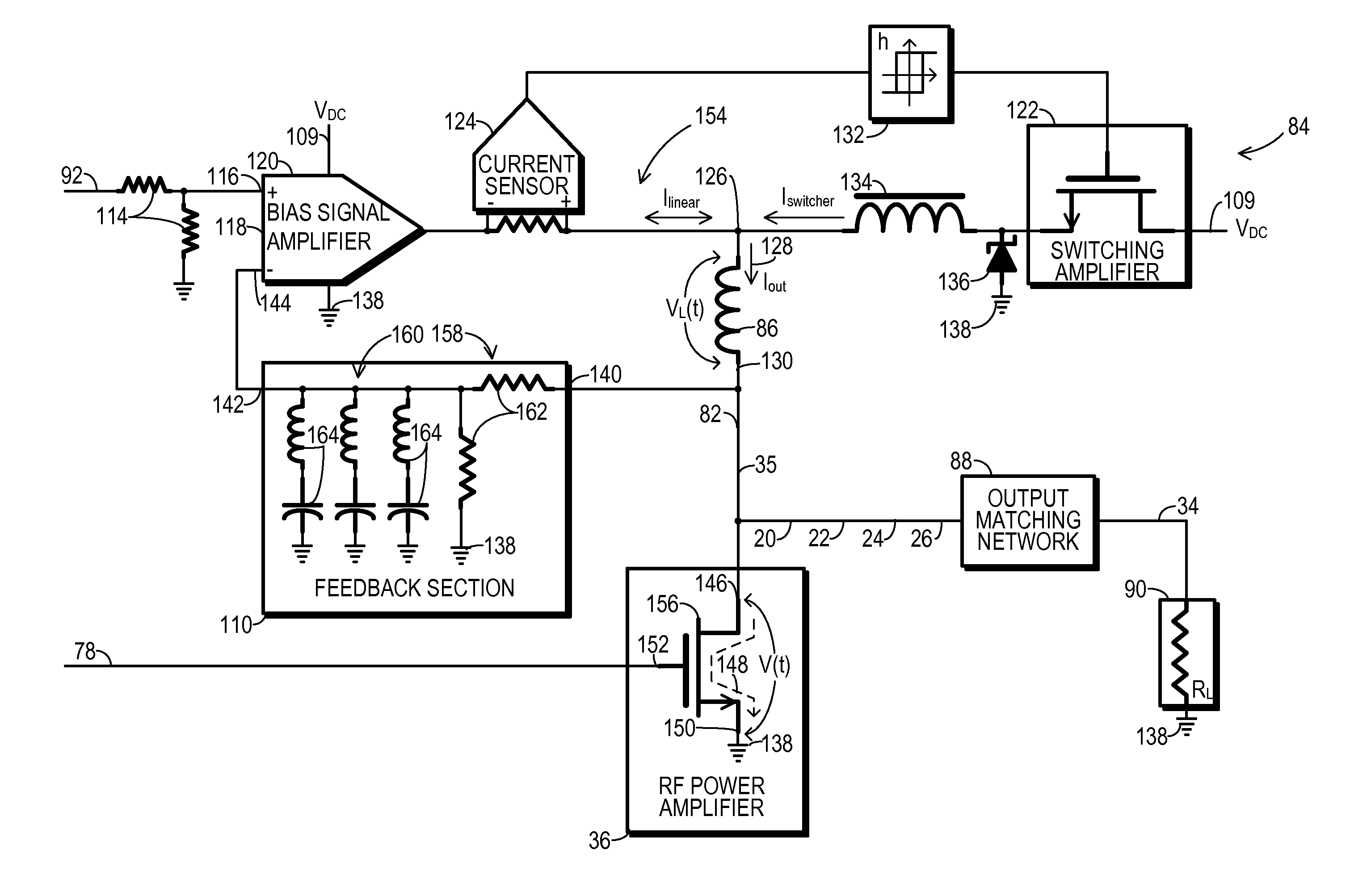 Transmitter and method with RF power amplifier having predistorted bias