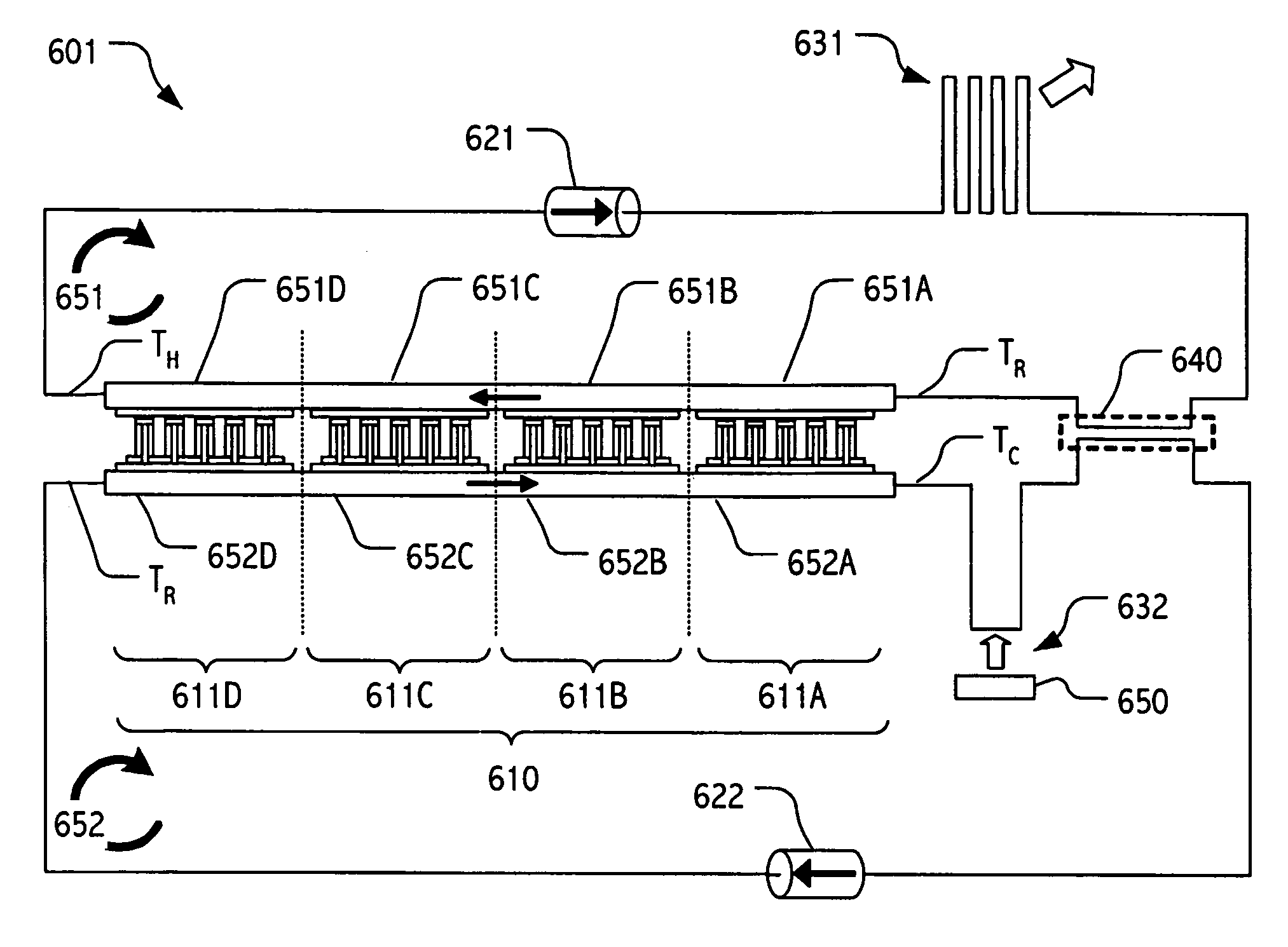 Thermoelectric configuration employing thermal transfer fluid flow(s) with recuperator