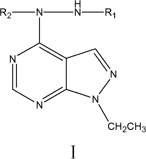 1-N-ethyl-4-N-2'-substituted acylhydrazine-1H-pyrazol [3, 4-d] miazines derivative as well as preparation method and application thereof
