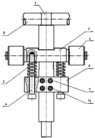 An insertion roller tensioning device of an adjustable roller group prawn peeling machine