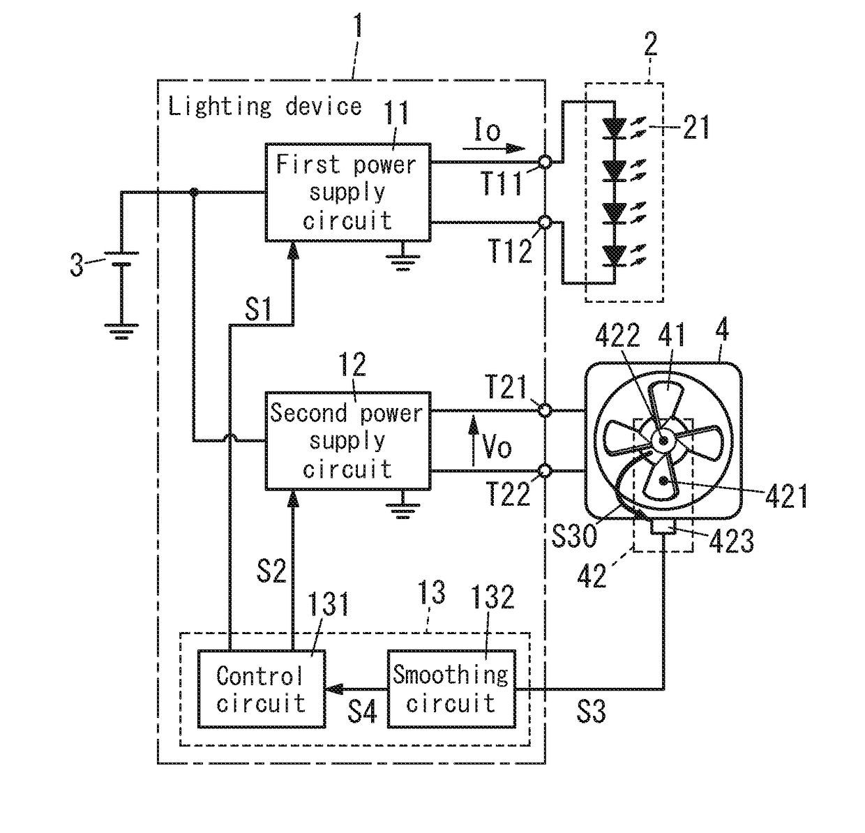 Power supply, lighting device, headlight device and vehicle