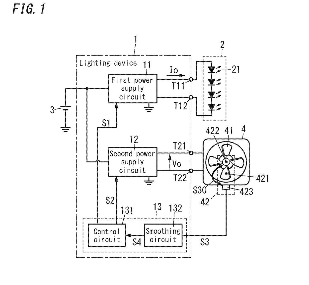 Power supply, lighting device, headlight device and vehicle