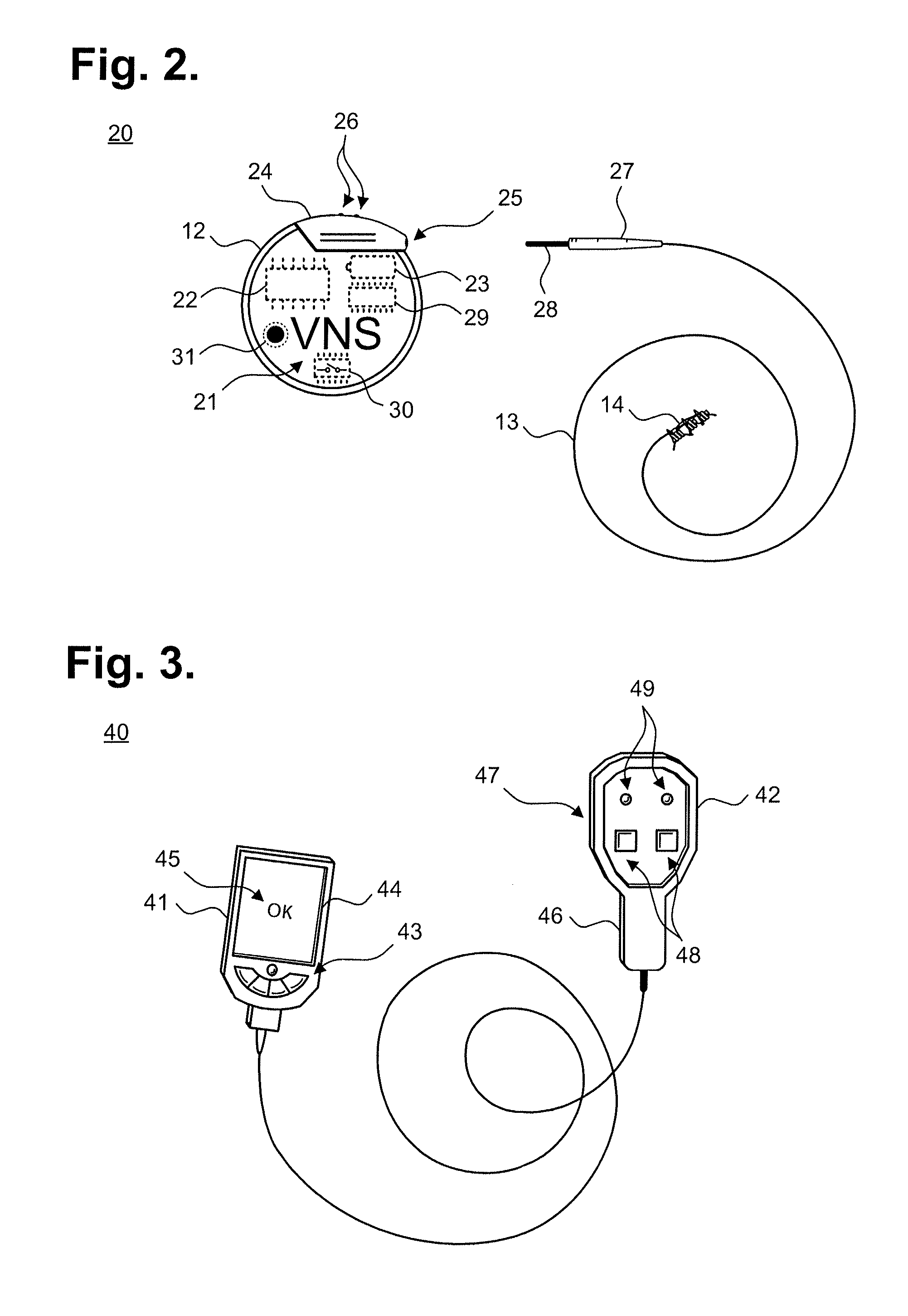 Implantable device for providing electrical stimulation of cervical vagus nerves for treatment of chronic cardiac dysfunction with leadless heart rate monitoring