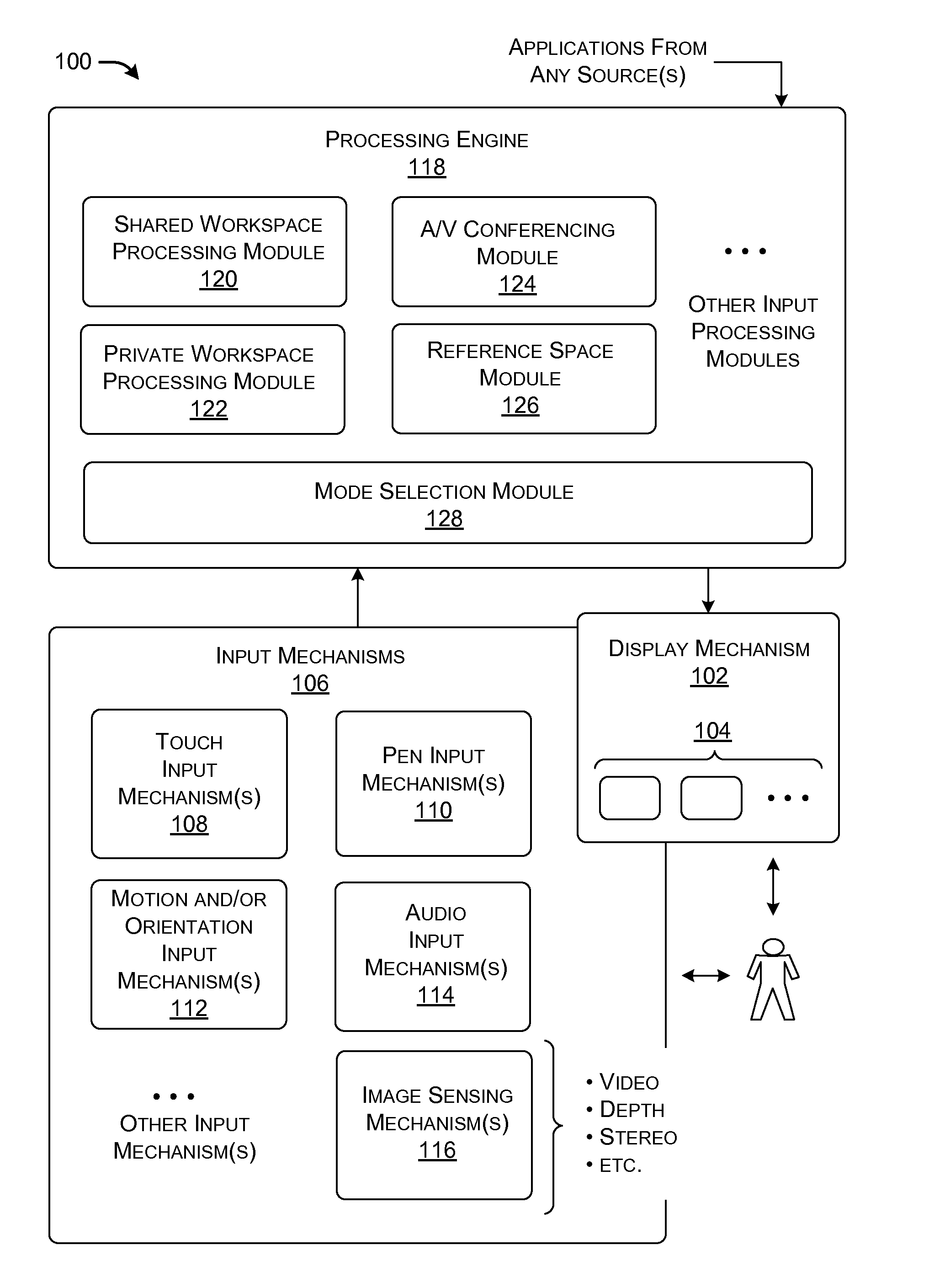 Computing device having plural display parts for presenting plural spaces