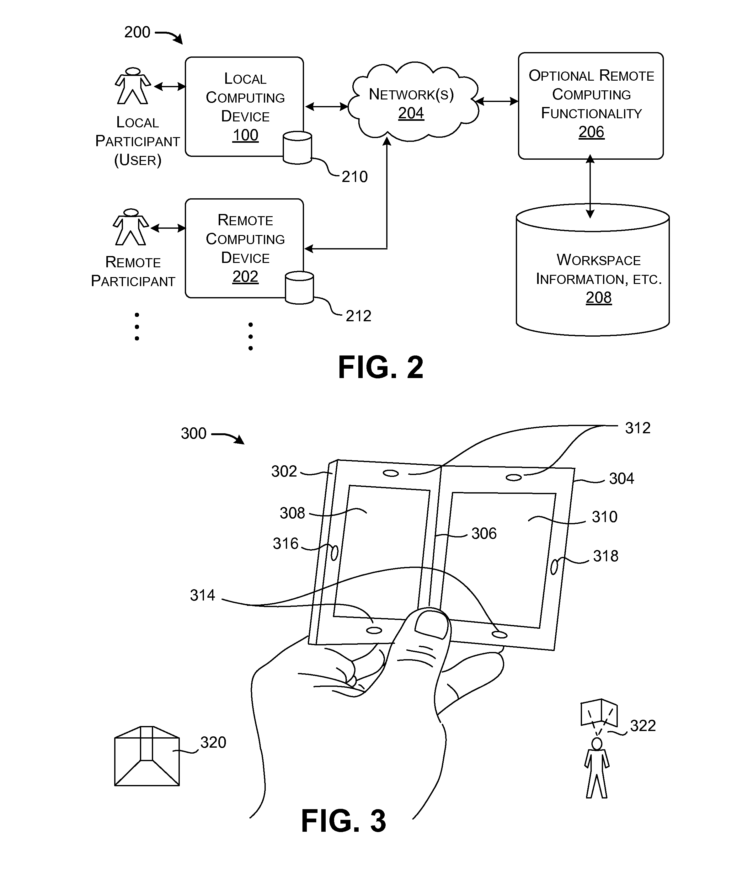 Computing device having plural display parts for presenting plural spaces
