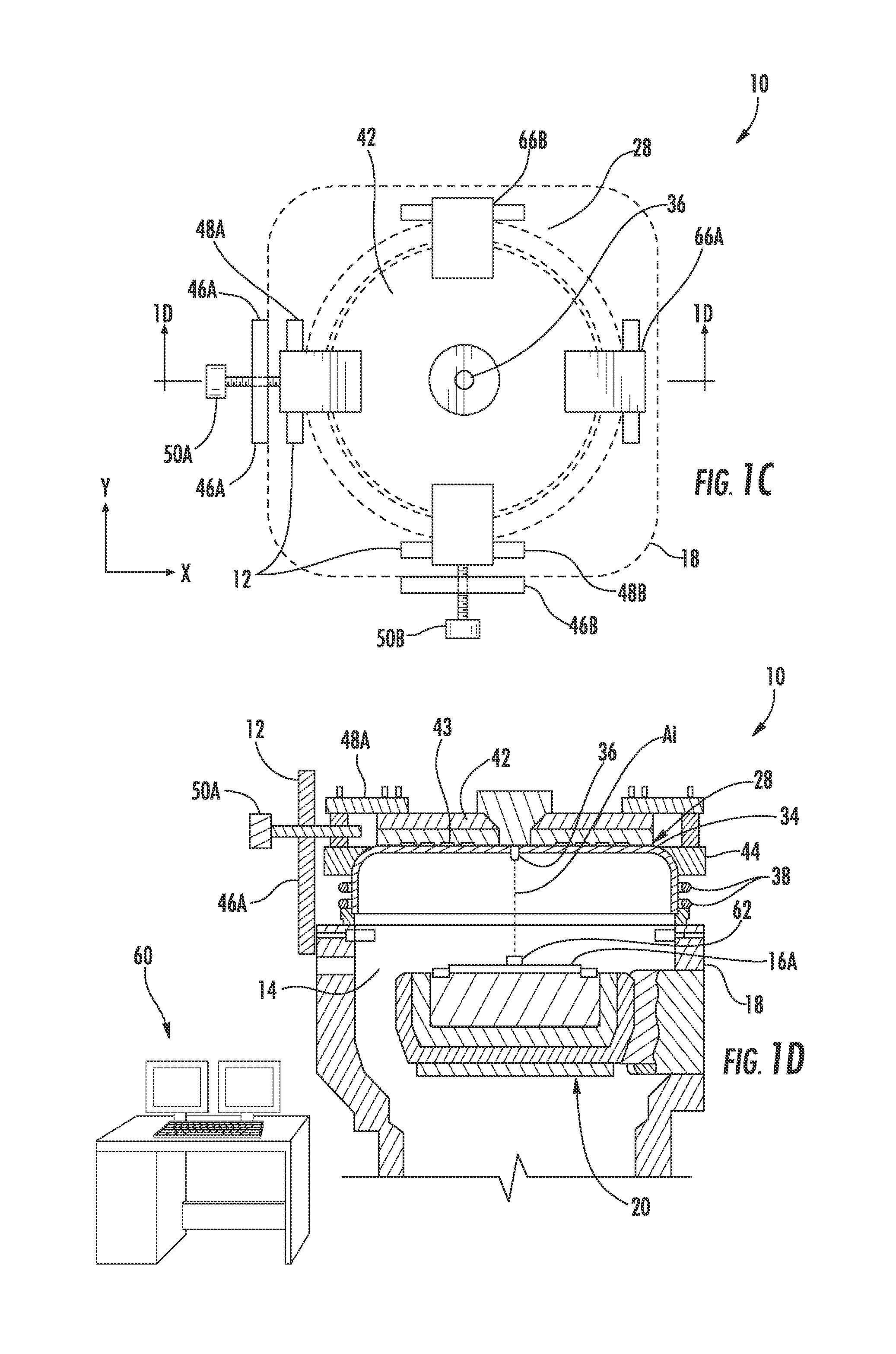 Alignment systems employing actuators providing relative displacement between lid assemblies of process chambers and substrates, and related methods