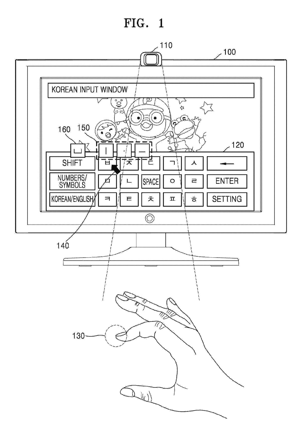 Method and device for inputting korean characters based on motion of fingers of user