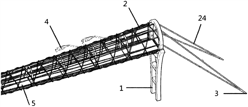 Large-span horizontal pulling type cylindrical net-shaped pedestrian landscape suspension bridge and construction method thereof