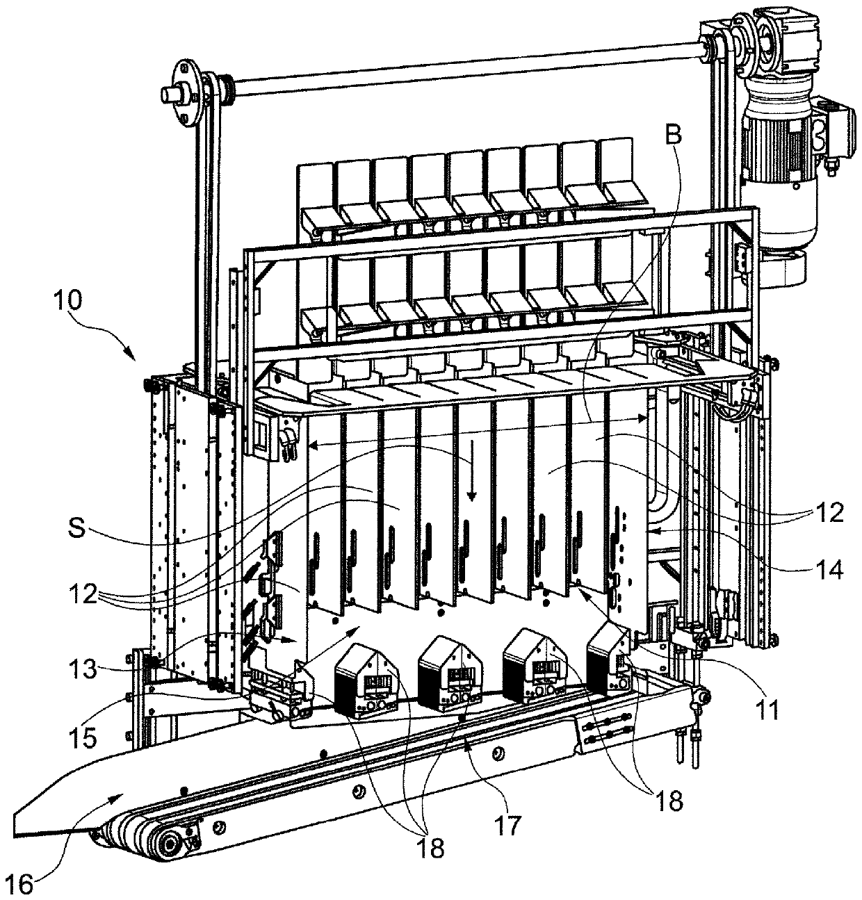 Emptying magazine and method for emptying trays filled with rod-like articles in the tobacco-processing industry