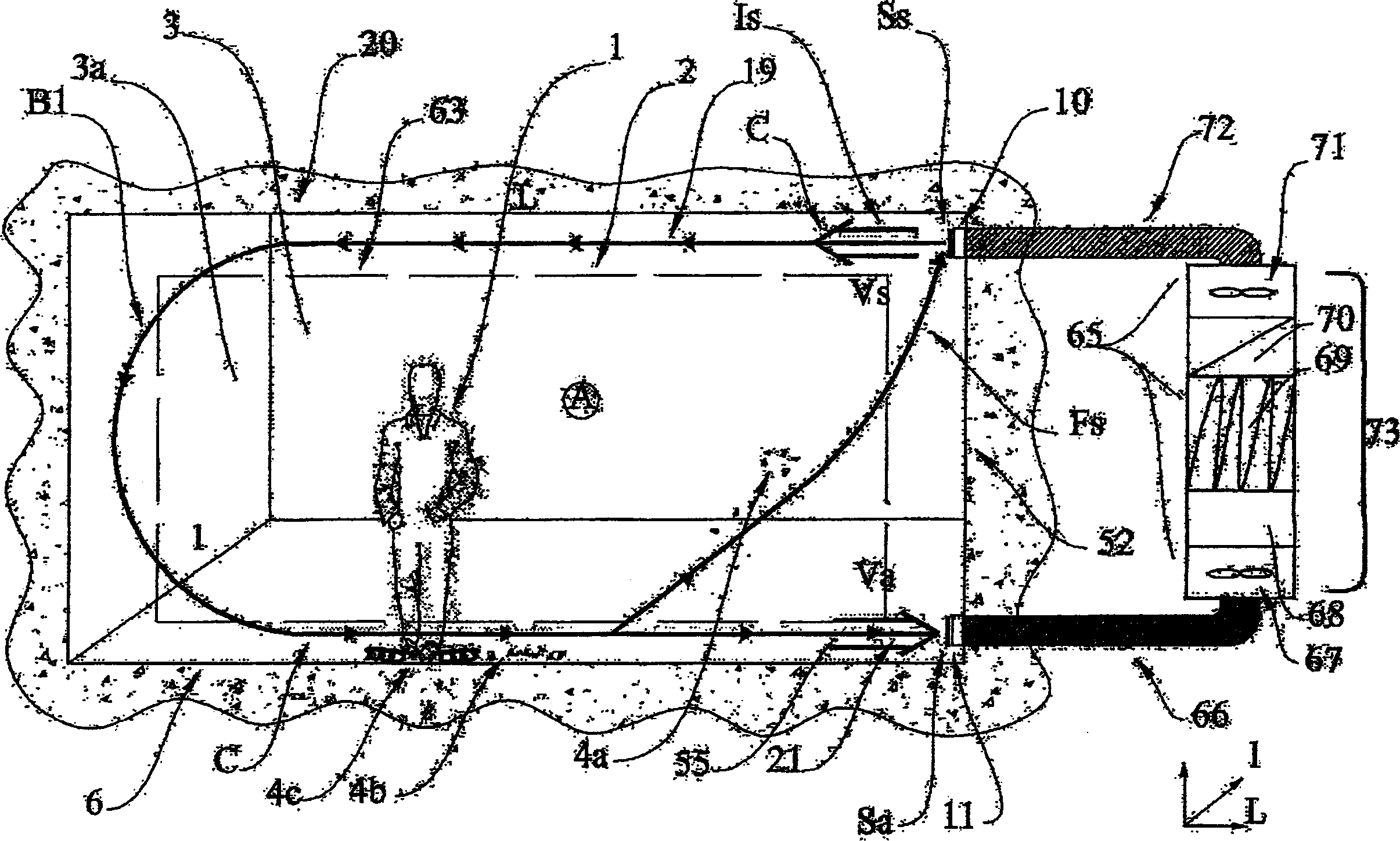 Room ventilating method for e.g. school, involves fixing air jet on ceiling surface by coanda effect, sucking air by aspiration layer fixed to ground surface, and setting average blowing speed lower t